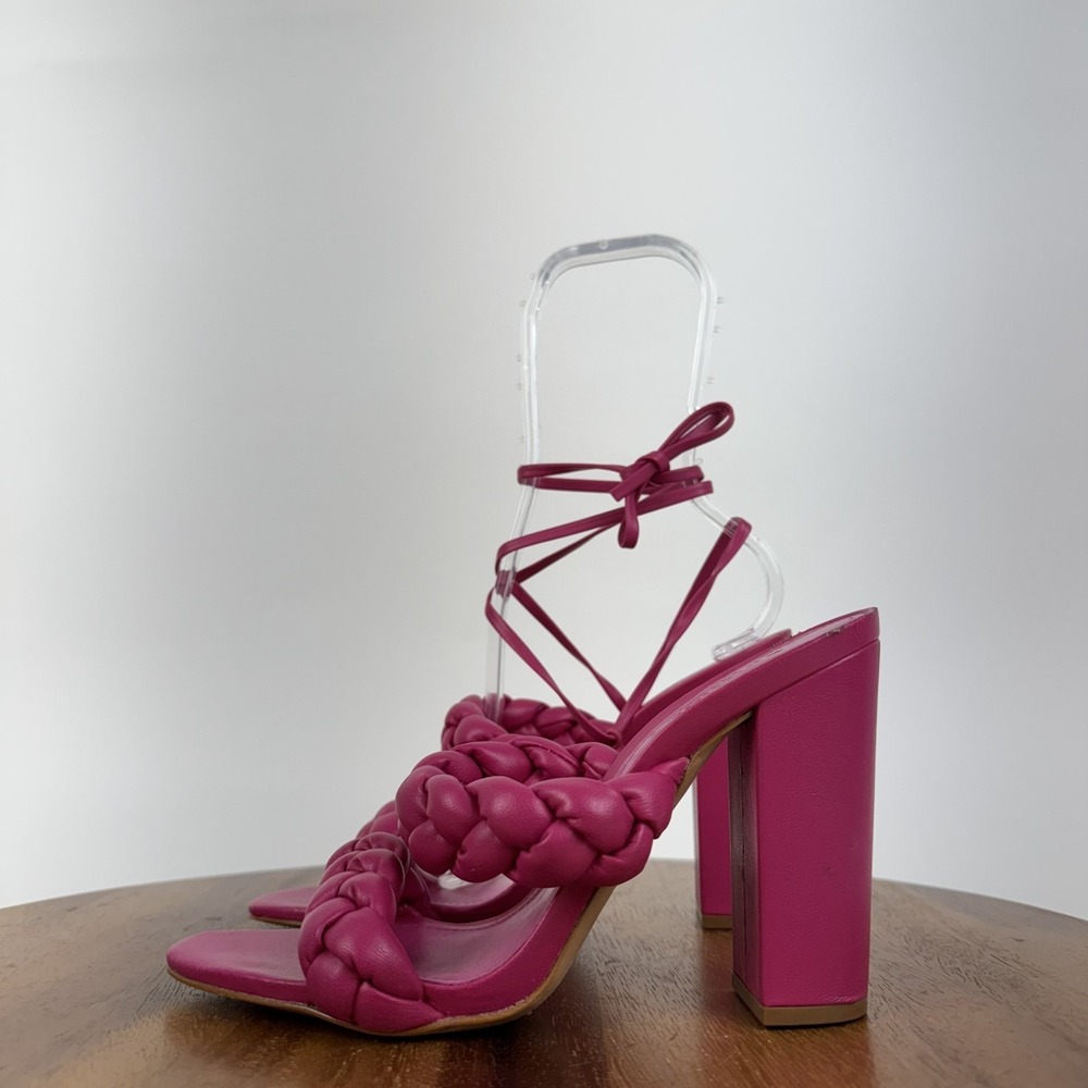 New Womens Schutz Zarda Pink Leather Braided Lace Up Heeled Sandals Size 7 B - Picture 6 of 8